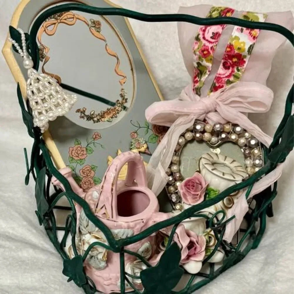 Vintage Shabby Chic Cottage Decor Bundle – Dresden Candlesticks, Swan Mirror